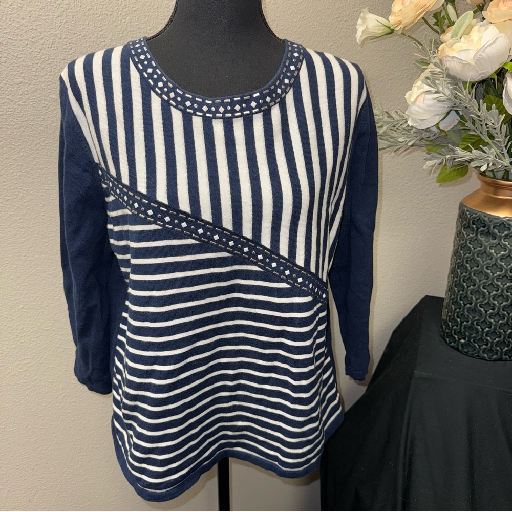 Alfred Dunner Navy Stripe Embellished Knit Tunic Top Long Sleeve L